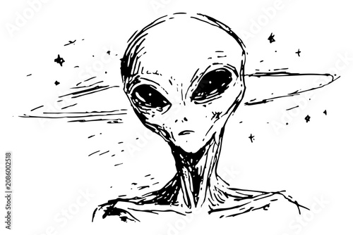 Konstfotografi Extraterrestrial grey alien head with large eyes and cosmic rings hand drawn ske