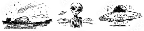 Konstfotografi Collection of alien themes including extraterrestrial head UFO saucer and comet