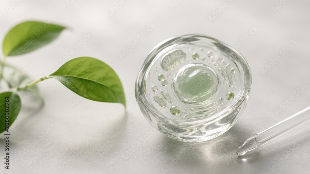 Fototapeta premium Cellular longevity and biohacking concept with natural skincare serum in glass bowl, green leaf and dropper on light background