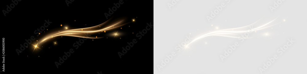 Naklejka premium Fire trail wave, bright glow speed curve line. Glowing gold and white light stream, vector, png. Light curve line swirl effect. 