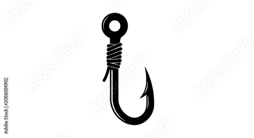 Minimal black silhouette icon, simple flat vector, bold black shape, no gradients, no shading fishing hook icon with tied fishing line on a, flat icon style