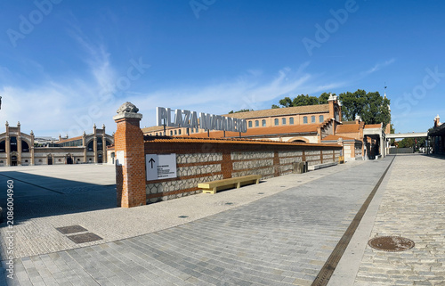 Plaza Matadero cultural center building exterior in Madrid, old slaughterhouse architecture and modern urban space