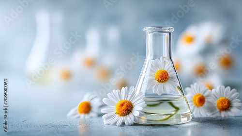 Chamomile flowers and erlenmeyer flask, herbal extract natural skincare botanical lab commercial backdrop