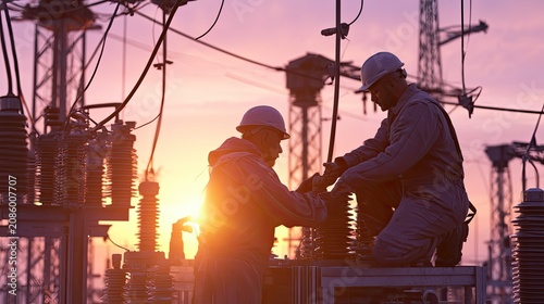 Silhouette of power line workers repairing grid on transmission tower at sunset, energy industry commercial backdrop