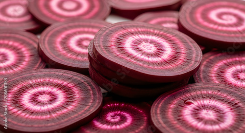 Chioggia beet slices close up vibrant pink and white concentric rings fresh produce