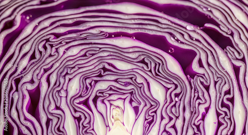 Macro view of red cabbage cross section showing intricate leaf structure and vibrant color