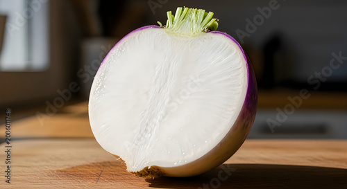 Halved red onion on wooden cutting board in kitchen