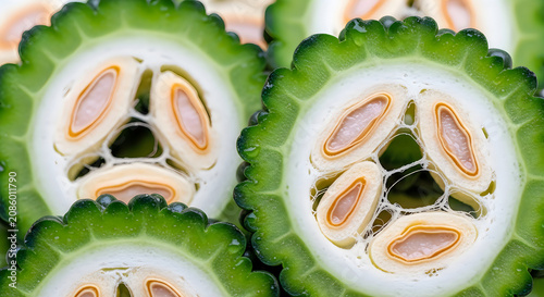 Sliced bitter melon cross section displaying internal seed cavities and textured exterior