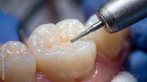 Macro Close Up of Tooth During Dental Treatment with Precision Bur and Detailed Enamel Surface