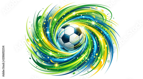 Soccer ball with vibrant swirling green blue and yellow abstract energy lines and sparkles PNG Isolated on transparent background