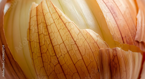 Close up of a yellow onion with peeling skin revealing layers and textured surface