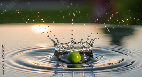 Green apple splashing into water with crown like wave and droplets