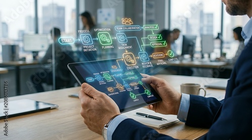 Professional holding tablet projecting holographic business process flowchart with gears and checkmark icons representing efficient workflow management