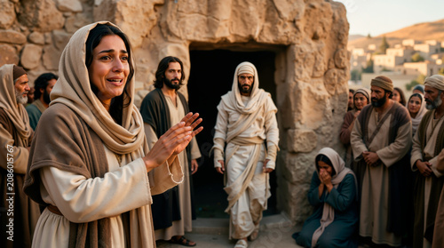 A biblical scene depicting Martha witnessing the resurrection of Lazarus. In the foreground, a woman dressed in traditional ancient Middle Eastern robes is crying with her hands slightly raised in an 