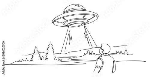 Tableau sur toile UFO hovering over pine forest landscape emitting light beam watched by man conti