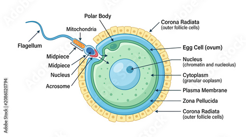 Tableau sur toile Sperm and Egg Cell Fertilization Diagram: Acrosome, Nucleus, Mitochondria, Flage