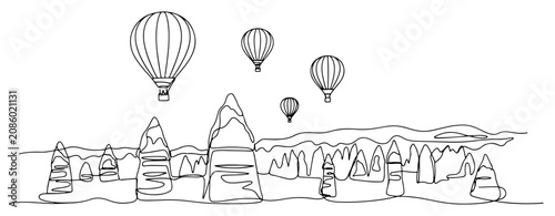 Bild auf Leinwand Cappadocia landscape with hot air balloons and fairy chimneys in continuous line