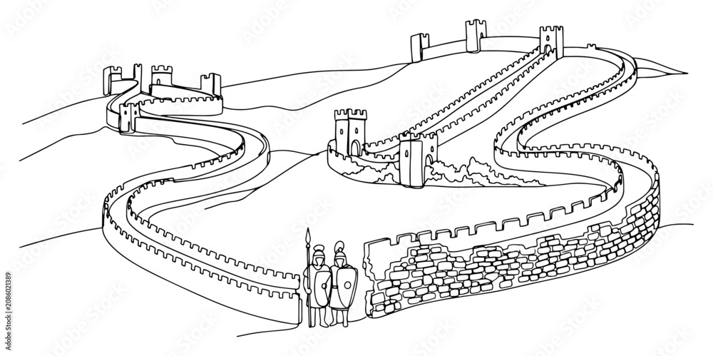 Obraz premium Great Wall of China with ancient soldiers and watchtowers in continuous line art style