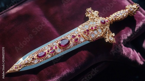 Ornate dagger encrusted with sparkling rubies and diamonds rests on a plush velvet surface.