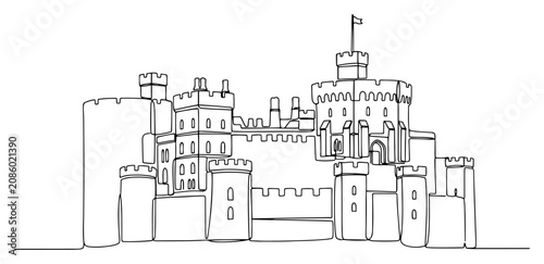 Tableau sur toile Medieval castle with towers and battlements in minimalist continuous line drawin