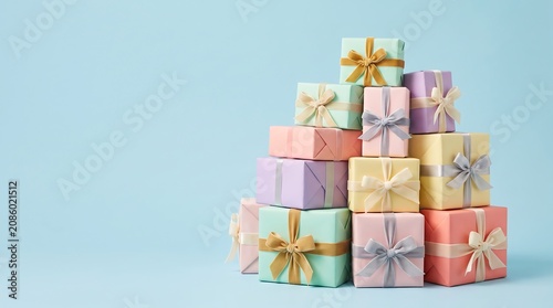 Gift Boxes on Pastel Blue Background Birthday Celebration Concept