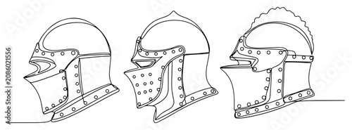 Fotografie Medieval knight helmets collection for armor and protection in continuous line a