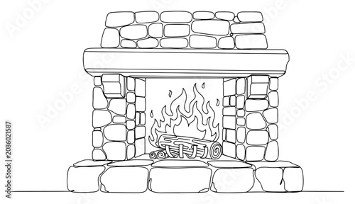 Fireplace made of stones with burning wood and flames in continuous line art style