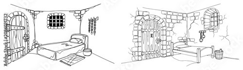 Quadro su tela Medieval dungeon cell with stone walls and shackles in minimalist continuous lin