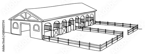 Foto Large building with fenced enclosures and barracks in minimalist continuous line