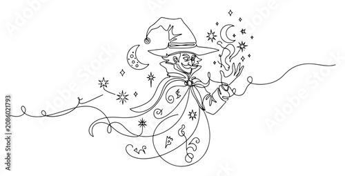 Slika na platnu Fantasy wizard wearing pointy hat casting magic spell in continuous line art sty