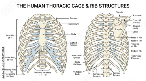 Bild auf Leinwand Human Thoracic Cage and Rib Structures Anatomical Illustration