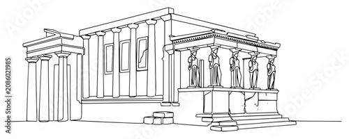 Εκτύπωση καμβά Greek temple ruins with caryatid columns in continuous line art style