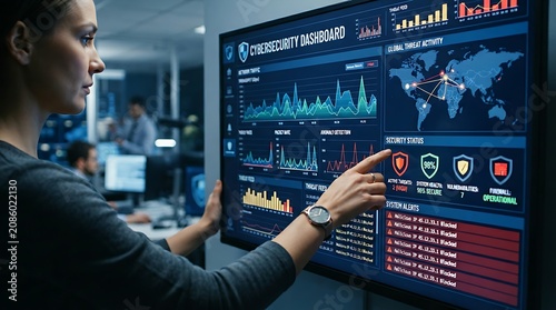 Systems engineer interacting with cybersecurity dashboard showing network traffic graphs and data protection shields for enterprise security.