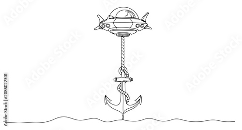 Foto UFO spaceship dropping nautical anchor into sea water in continuous line art sty