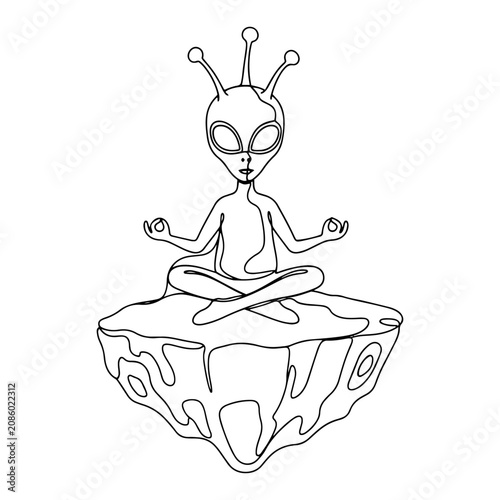 Alien extraterrestrial creature meditating on floating rock asteroid in continuous line art style