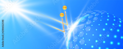 UV light blocked by transparent dome shield sphere. Sun protection barrier for skin care with soft glow effect and abstract background. Vector.