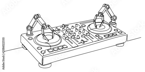 Obraz na plátně Robot arms playing music on dj turntable mixer in continuous line art style