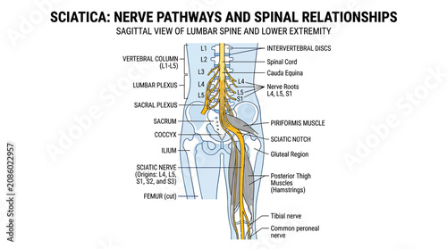 Принти на полотні Sciatica Nerve Pathways and Spinal Relationships Lumbar Spine and Lower Extremit