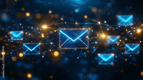 Digital communication concept with glowing blue email icons connected by network lines on a dark background