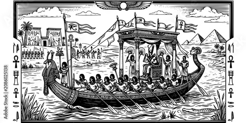Foto Royal Egyptian Barge Ink Black White-Pharaoh Throne Oarsmen Flag Procession-Nile