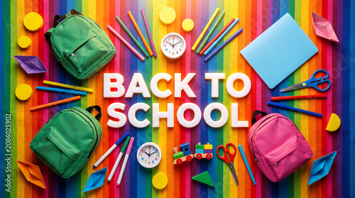 Back to school text on colorful rainbow stripes background with schoolbags toy trains circle blocks