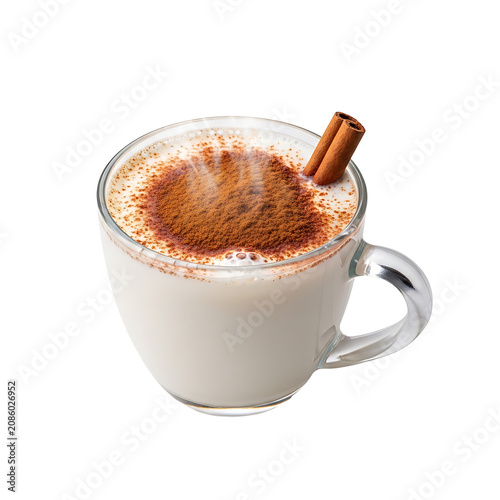 A warm, steaming cup of chai tea, garnished with a cinnamon stick and a dusting of spice, offers a comforting and aromatic beverage experience.
