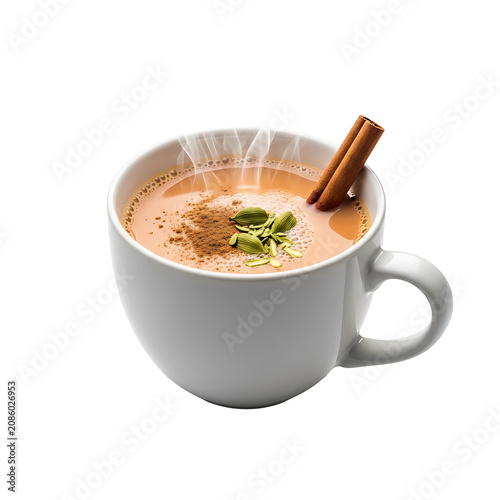 A steaming cup of chai tea, infused with aromatic spices like cinnamon and cardamom, sits invitingly.