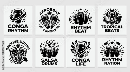 Black and white percussion and conga drum logo set.