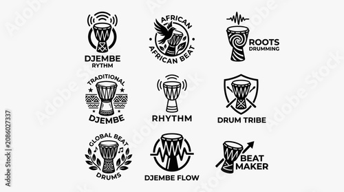 Black djembe and African rhythm drum logos