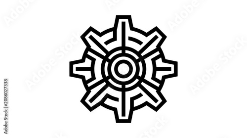 Black geometric gear icon with symmetric line design.