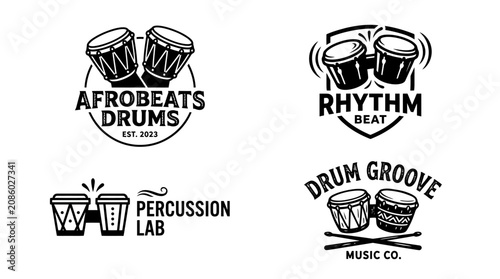 Black and white percussion and afrobeats drum logos set.