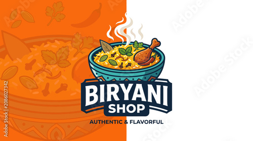 Biryani Shop logo illustration with chicken and rice.