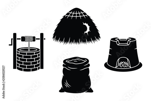 Tableau sur toile Collection of rural icons featuring a water well straw hut sack clay stove, buil