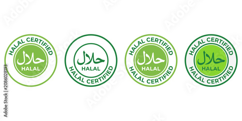 Foto Set of halal certified labels, green circular badges with arabic calligraphy and